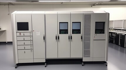Poster - Modern Server Cabinet with Multiple Displays in Tech Environment