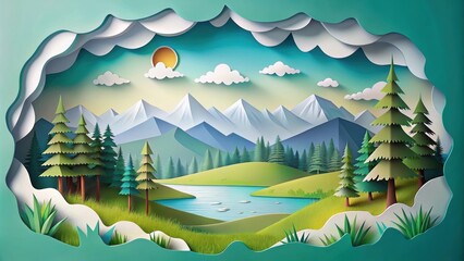 Wall Mural - Serene views of nature landscapes depicted in origami cutout paper style, origami, paper art, nature, landscape, serene