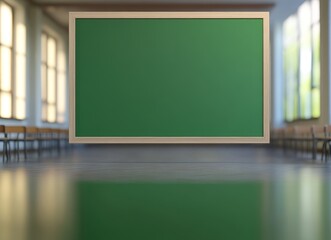 Poster - Empty green chalkboard in a classroom with wooden chairs and large windows.