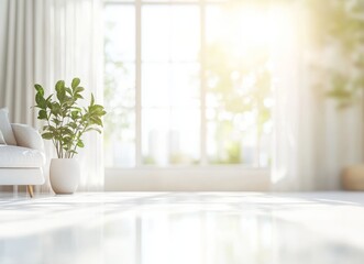 Poster - Sunlit living room with white sofa, potted plant, and large window.