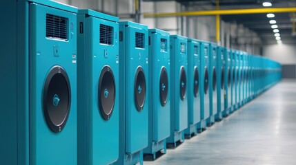 Poster - Industrial Facility with Blue Cooling Units in a Modern Warehouse