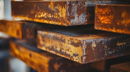 Poster - A close-up of rusted steel beams stacked together, highlighting the textures and industrial details of weathered metal surfaces