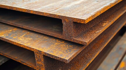 Poster - A close-up of rusted steel beams stacked together, highlighting the textures and industrial details of weathered metal surfaces