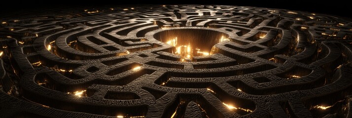 Fototapete - A brain-shaped labyrinth glows in the dark, with paths lit by soft, warm lights that enhance its intricate design. Generative AI
