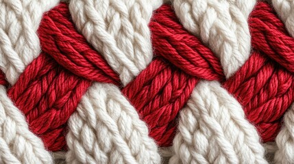 Poster - A cozy close-up of knitted wool with intricate red braids woven into the design, showcasing texture and warmth with plenty of copy space for designs