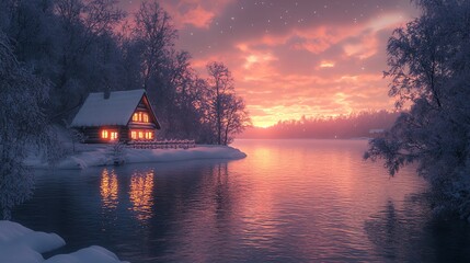 Poster - A serene winter landscape featuring a cozy cabin by a lake at sunset.