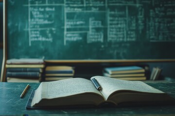 Poster - Open book with pen on desk, chalkboard with equations in background.