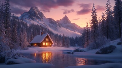 Poster - A cozy cabin in a snowy landscape at sunset, reflecting warmth in a serene environment.