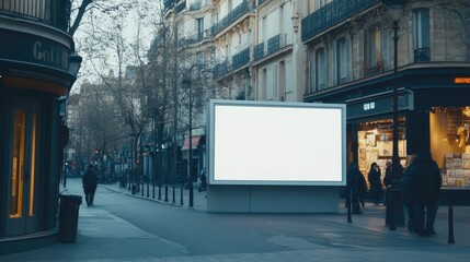 Fototapete - A clean, blank white outdoor advertising board on a busy street, perfect for showcasing ads or promotional material.
