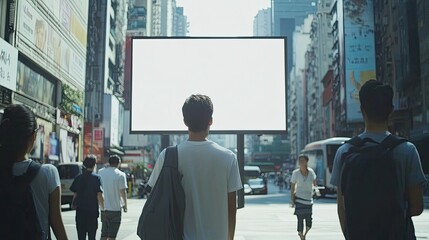 Fototapete - A clean, blank white outdoor advertising board on a busy street, perfect for showcasing ads or promotional material.