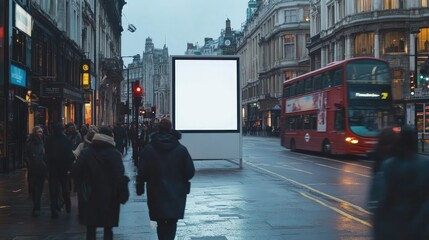 Fototapete - A clean, blank white outdoor advertising board on a busy street, perfect for showcasing ads or promotional material.