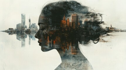 Poster - A creative double exposure of a peaceful profile blended with a dynamic cityscape, symbolizing harmony between self and city.