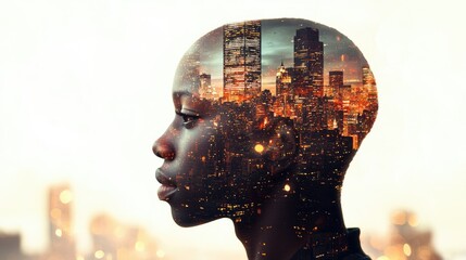 Poster - A creative double exposure of a peaceful profile blended with a dynamic cityscape, symbolizing harmony between self and city.