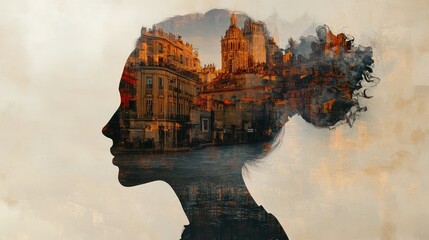 Poster - A creative double exposure of a peaceful profile blended with a dynamic cityscape, symbolizing harmony between self and city.