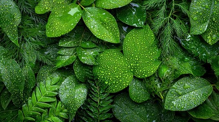 Poster - Morning dew forming on various acea standard leaves in a humid environment nature close-up photography lush greenery perspective