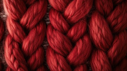 Poster - A cozy close-up of knitted wool with intricate red braids woven into the design, showcasing texture and warmth with plenty of copy space for designs