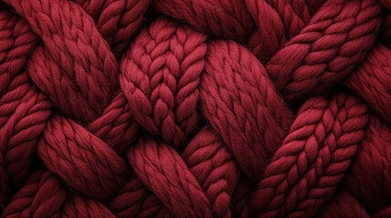 Poster - A detailed close-up view of knitted wool fabric in deep red, highlighting the elegant braided pattern and the softness of the texture