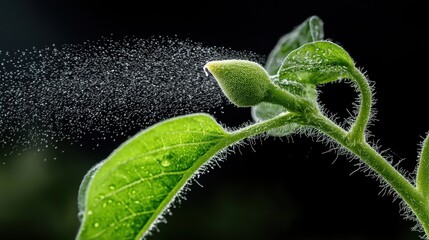 Poster - Emerging water vapor from tropical plant buds tropical rainforest macro photography lush environment close-up view natural phenomenon