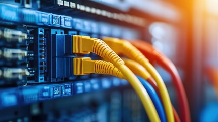 Poster - A detailed shot of neatly organized wires and cables in a computer wiring room, showcasing a high-tech environment.