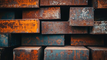 Poster - A detailed shot of rusted steel beams stacked in an industrial yard, emphasizing the rough textures and patterns of weathered metal