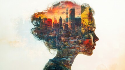 Poster - A double exposure of a serene human profile overlaid with a vibrant city skyline, merging personal reflection and urban life.