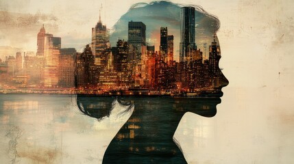 Poster - A double exposure of a serene human profile overlaid with a vibrant city skyline, merging personal reflection and urban life.
