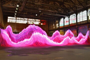 Poster - Vibrant Light Waves in Abandoned Industrial Space Showcasing Creative Artistry and Motion with Striking Colors and Dynamic Patterns in a Unique Setting