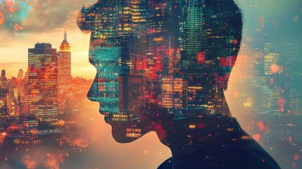 Poster - A double exposure of a serene human profile overlaid with a vibrant city skyline, merging personal reflection and urban life.