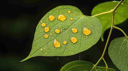 Poster - Vibrant leaf with water droplets captured in humid atmosphere nature photography close-up view natural beauty