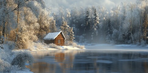 Poster - A serene winter scene featuring a cozy cabin by a frozen lake surrounded by snow-covered trees.