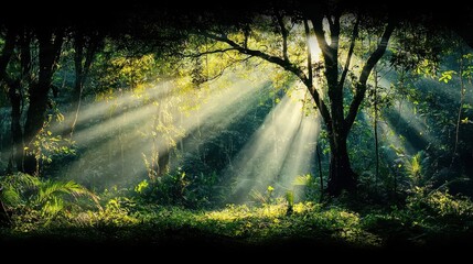 Aufkleber - Sunlight filtering through misty trees in a forest nature photography tranquil environment serene viewpoint ethereal concept for seo impact