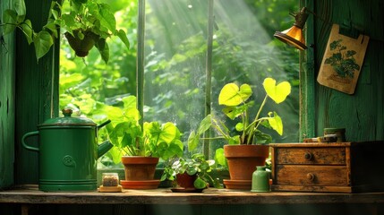 Poster - Nurturing tropical plants in a humid greenhouse a vibrant display of lush foliage and serenity