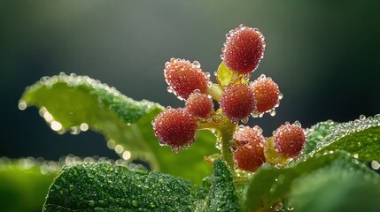 Poster - Water droplets forming on tropical plant in lush environment close-up photography nature and botany perspective