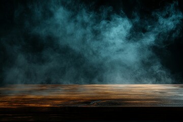 Poster - Dark wooden table with teal smoke background; perfect for product display or Halloween scene.