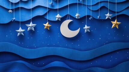 Leinwandbilder - A whimsical celebration featuring a paper-crafted moon and stars hanging gracefully against beautiful blue textures, perfect for festive greetings. Generative AI