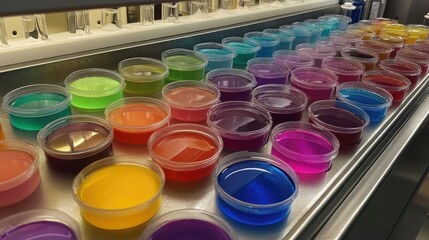 Poster - A laboratory counter filled with rows of colorful petri dishes, symbolizing the diversity of scientific research.