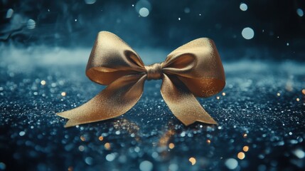 Wall Mural - Golden ribbon creates an elegant bow on a shimmering surface, perfect for festive New Year decor with ample space for branding or messages. Generative AI