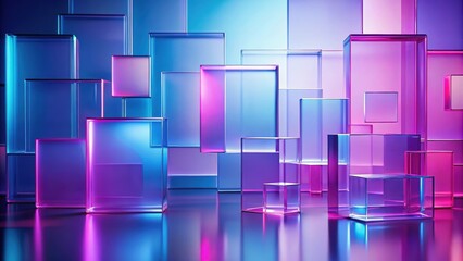 Wall Mural - Abstract geometric background with translucent glass in violet pink blue gradient and simple square shapes, geometric, abstract