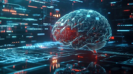 Fototapete - A digital brain merges with AI circuits and holographic projections, showcasing advanced technology in a futuristic environment. Generative AI
