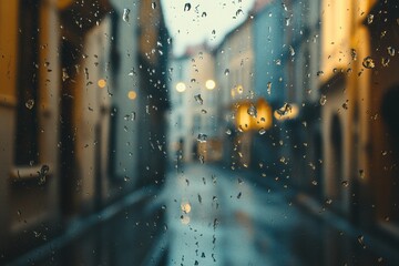 Aufkleber - Raindrops cling to a window, blurring the view of an empty street illuminated by soft lights in the early evening. Generative AI