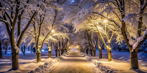 Wall Mural - Snow-covered pathway surrounded by illuminated trees at night, winter, peaceful, tranquil, landscape, nature, serene, cold