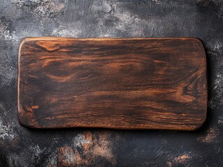 Poster - Dark brown rectangular wooden cutting board on a rustic background.
