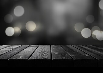Poster - Dark wooden table against blurred bokeh background.