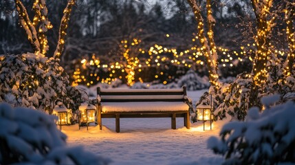 Poster - A peaceful winter evening scene with a snowy bench, decorated trees, and twinkling lanterns casting a warm glow.