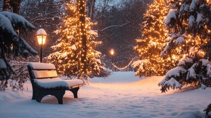 Poster - A peaceful winter evening scene with a snowy bench, decorated trees, and twinkling lanterns casting a warm glow.
