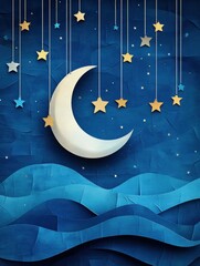 Leinwandbilder - A tranquil holiday night features a paper moon and stars suspended against textured blue layers, creating a whimsical atmosphere for reflection. Generative AI