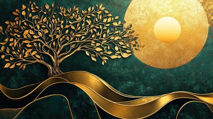 Poster - Elegant golden tree design with flowing wavy patterns on a deep green backdrop, framed with subtle glittering details and a glowing sun. Wall poster concept.