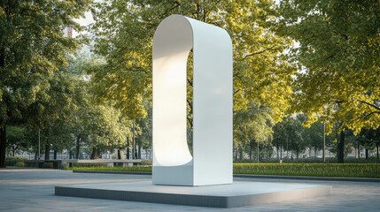 Fototapete - Empty white advertising stand in a city park, ready for promotional messages. Minimalist design with clear space for future advertisements.