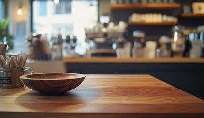 Aufkleber - Empty wooden bowl on cafe table, blurred background.