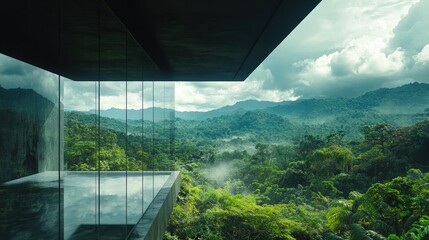 Poster - A stunning shot from within a sleek, transparent glass structure, offering an unobstructed view of verdant forests and serene natural beauty